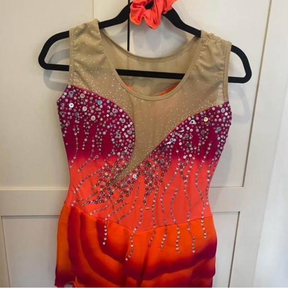 Vibrant Orange and Pink Beaded Dress with Scrunchie